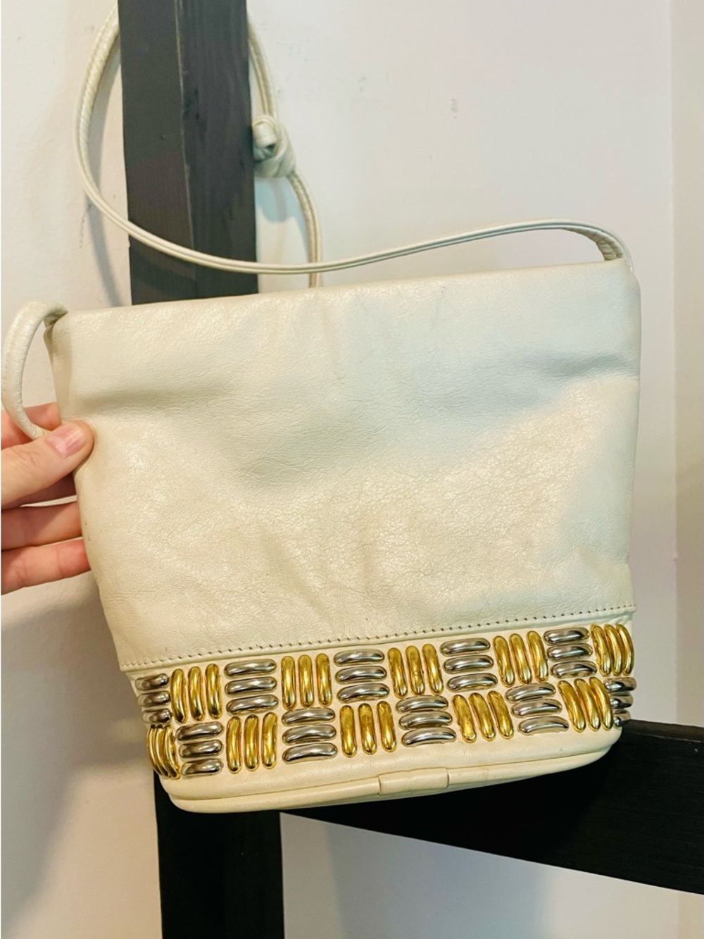 Vintage Atalla Cream Leather 1980s Crossbody Bucket bag -Gold & Silver accents